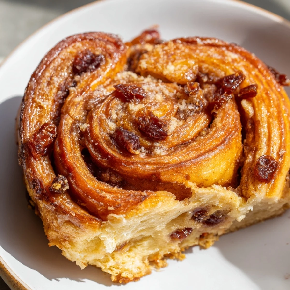 Golden, crusty Homemade Cinnamon Swirl Raisin Bread with a visible, sugary cinnamon swirl.