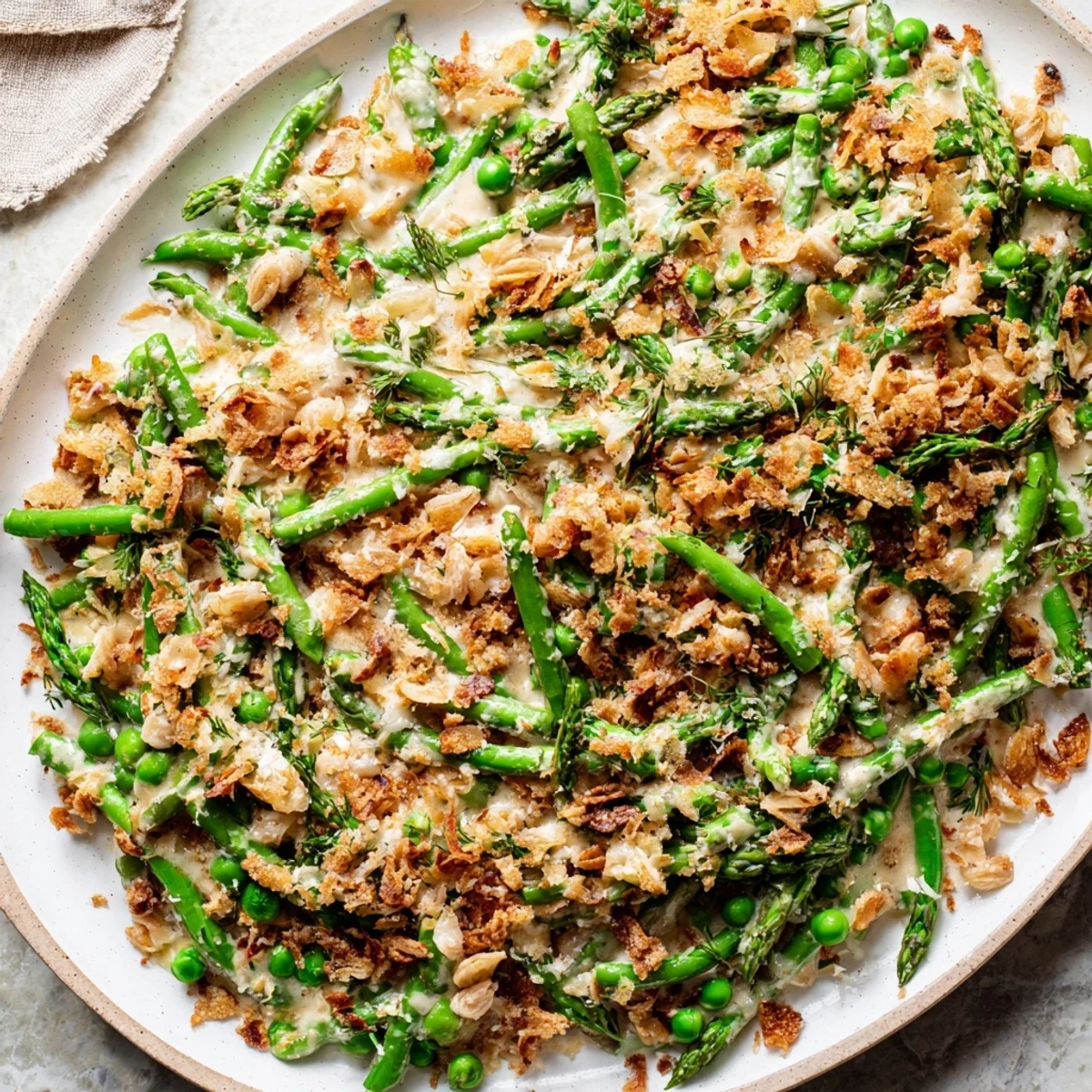 Golden, creamy Creamy Parmesan Orzo with Green Peas, ready to be garnished with fresh parsley.