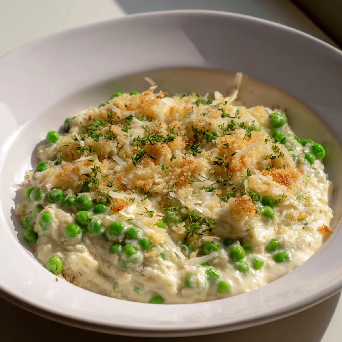 Creamy Parmesan Orzo with Green Peas, a comforting dish with vibrant green peas and a rich sauce.