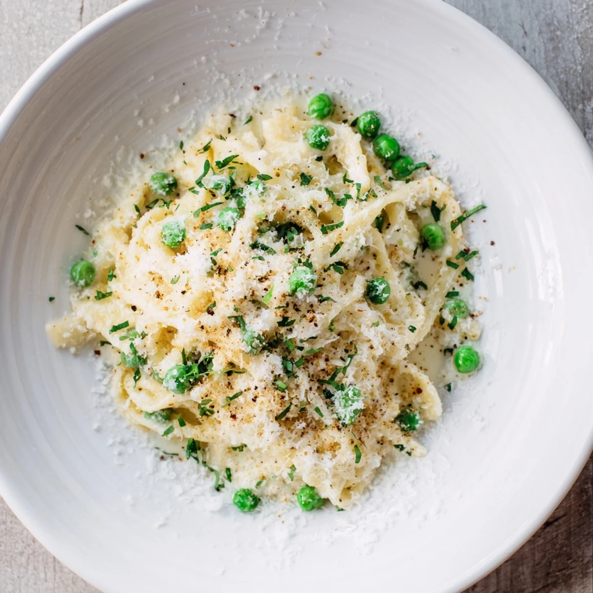 A close-up view of Creamy Parmesan Orzo with Green Peas, perfect as a vegetarian main course.