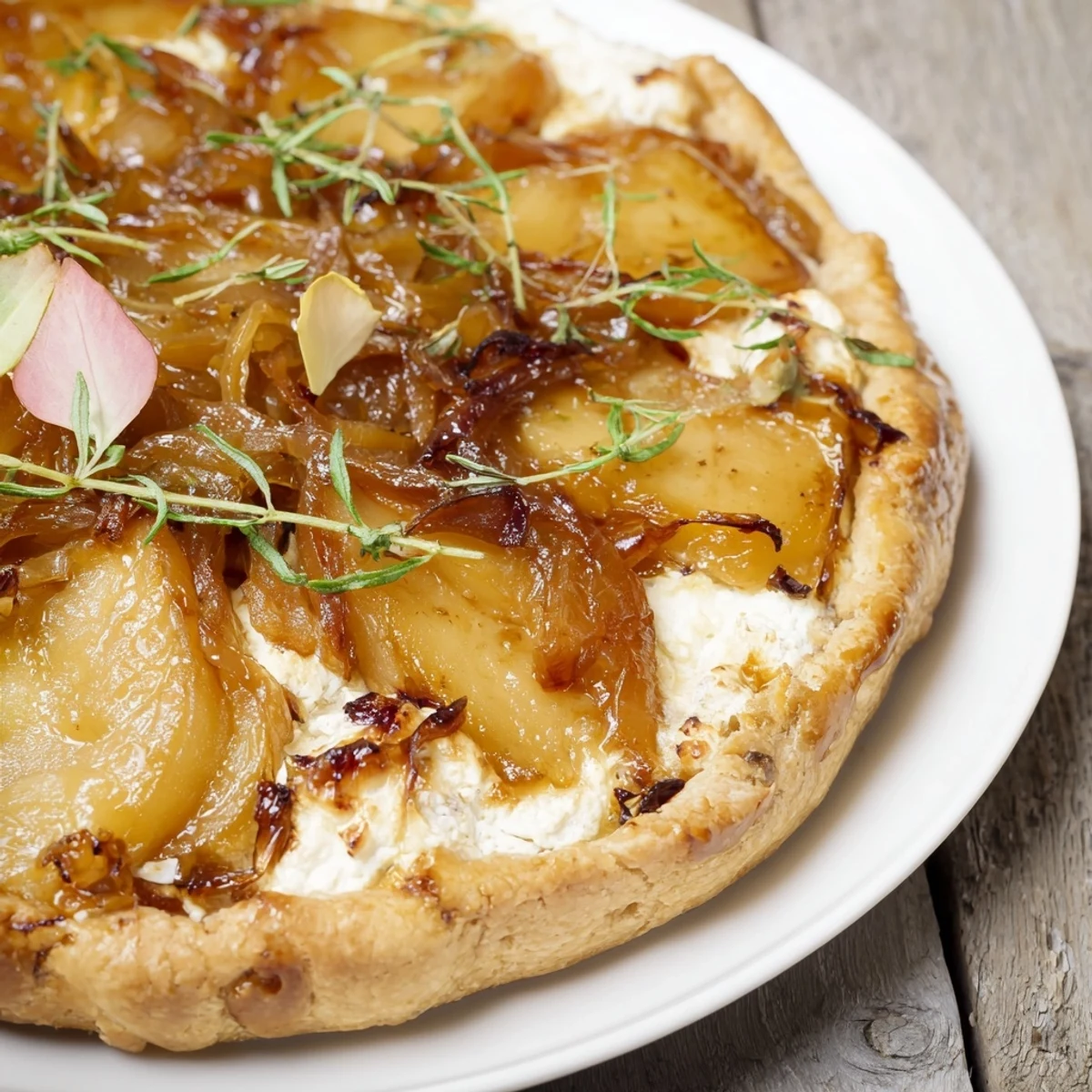 Golden caramelized onions and creamy goat cheese topping this decadent tart, ready to slice.