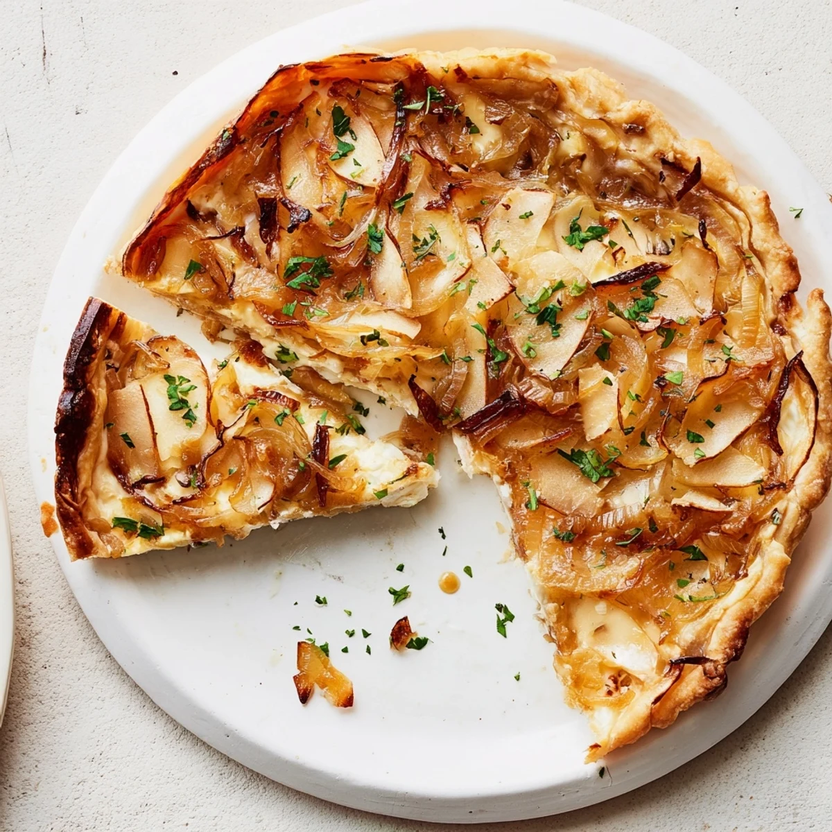 Warm, flaky Decadent Caramelized Onion and Goat Cheese Tart, perfect for a cozy brunch or dinner.