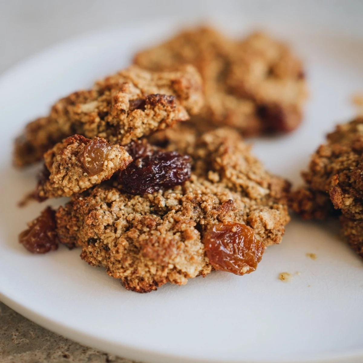 Soft-baked oatmeal raisin breakfast cookies, warm from the oven, with visible plump, juicy raisins inside.