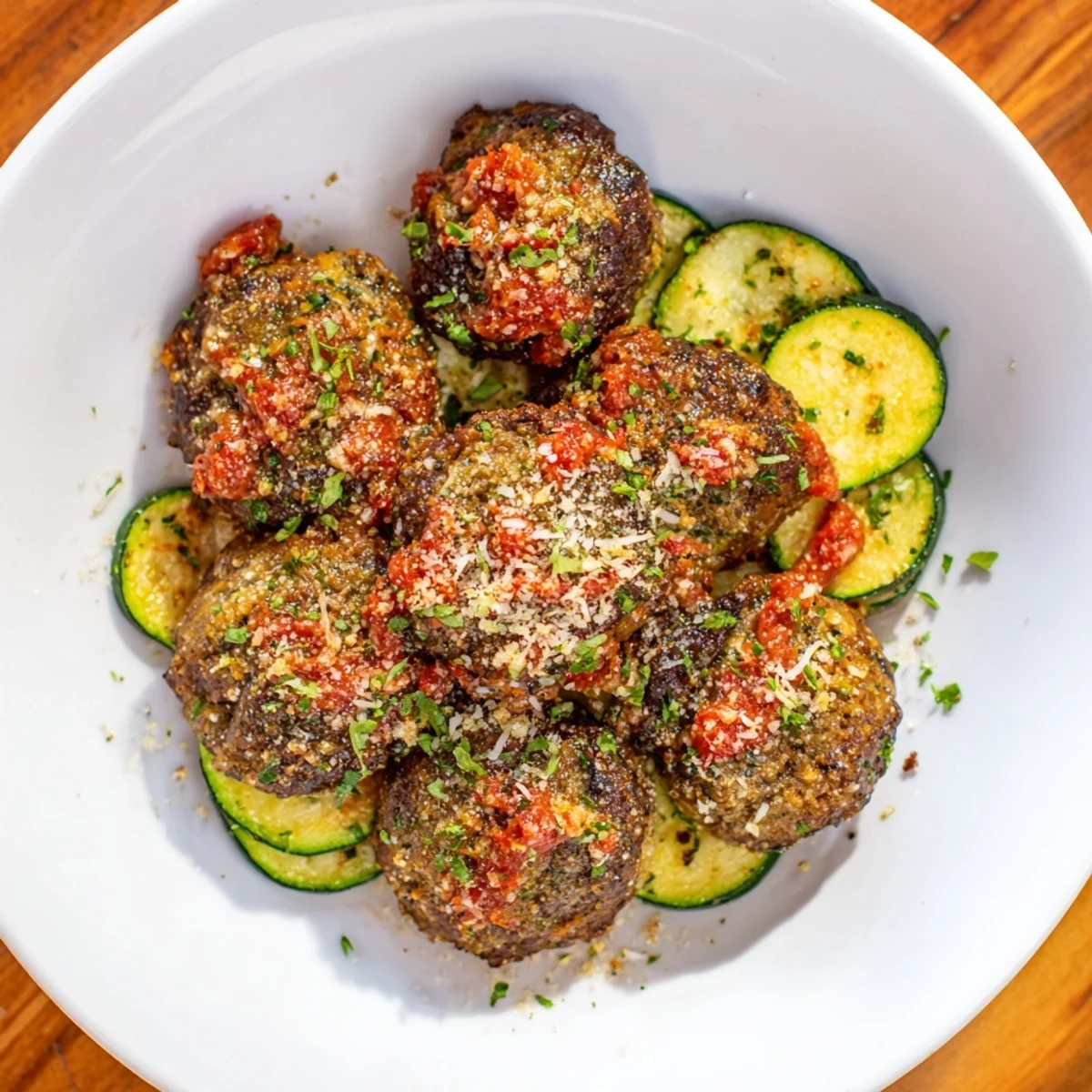 Golden brown Easy Sheet Pan Turkey Meatballs with Zucchini; perfect for a healthy weeknight dinner.