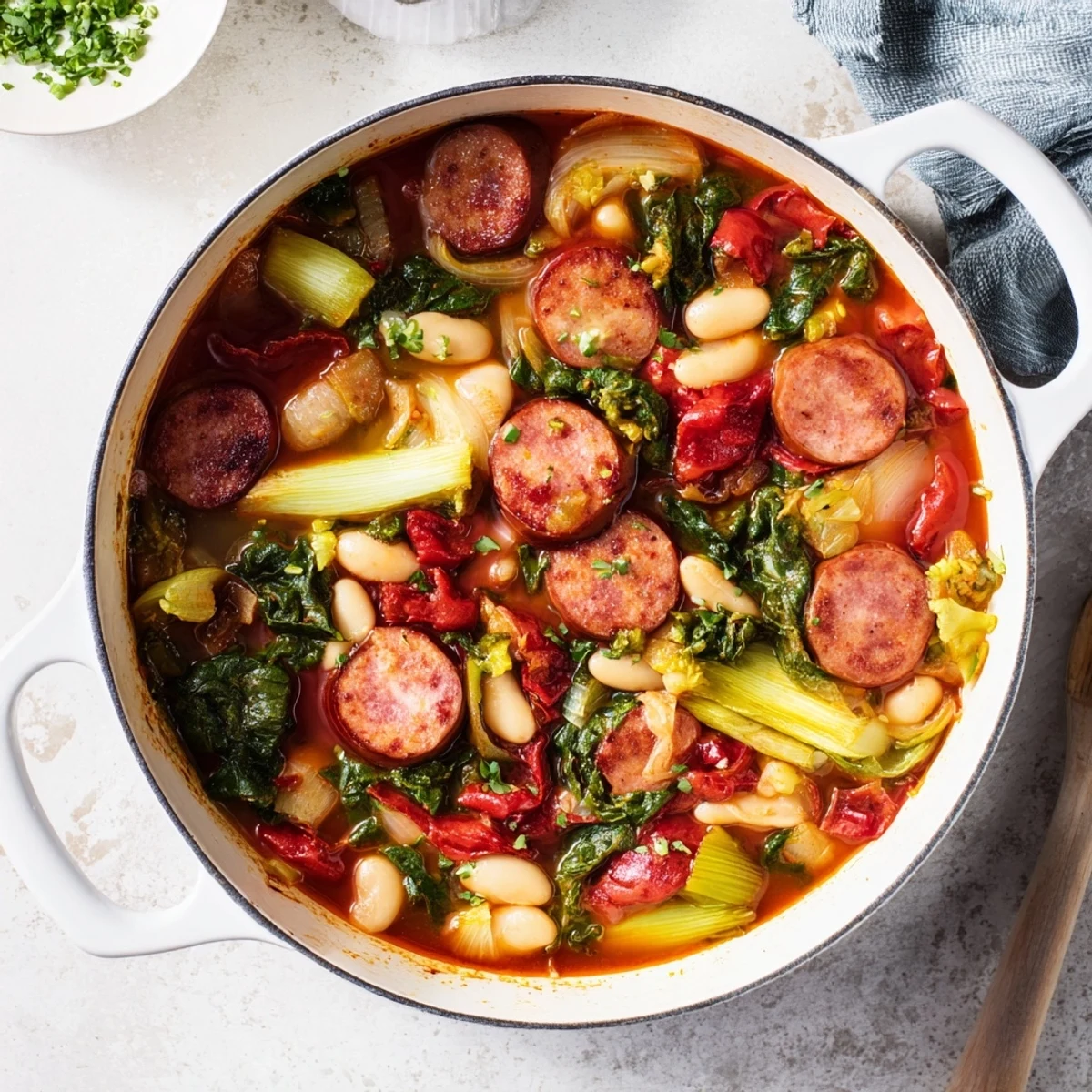 A warm bowl of hearty One-Pot Sausage and White Bean Stew full of colorful vegetables.
