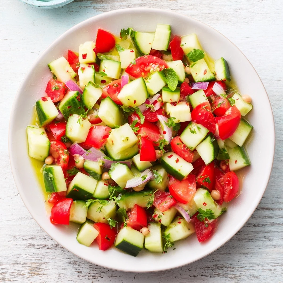 Fresh Cucumber and Chickpea Salad with Lemon Mint, bursting with vibrant colors and fresh flavors, ready to eat.