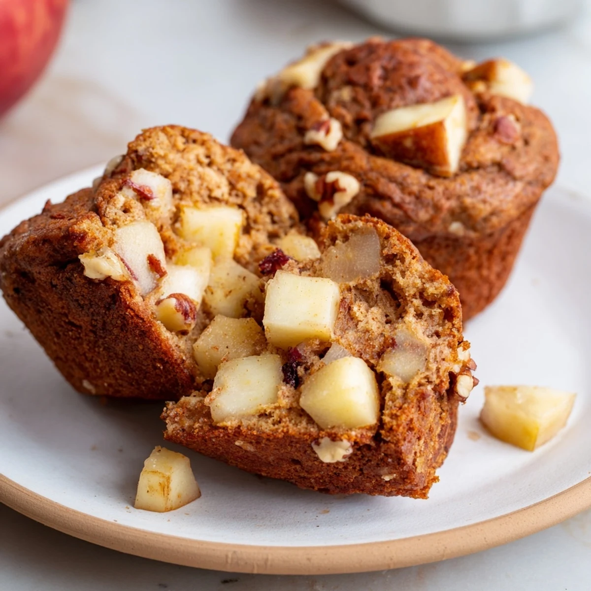 Freshly baked Seasonal Spiced Pear and Walnut Muffins with a sprinkle of walnuts, a comforting dessert choice.