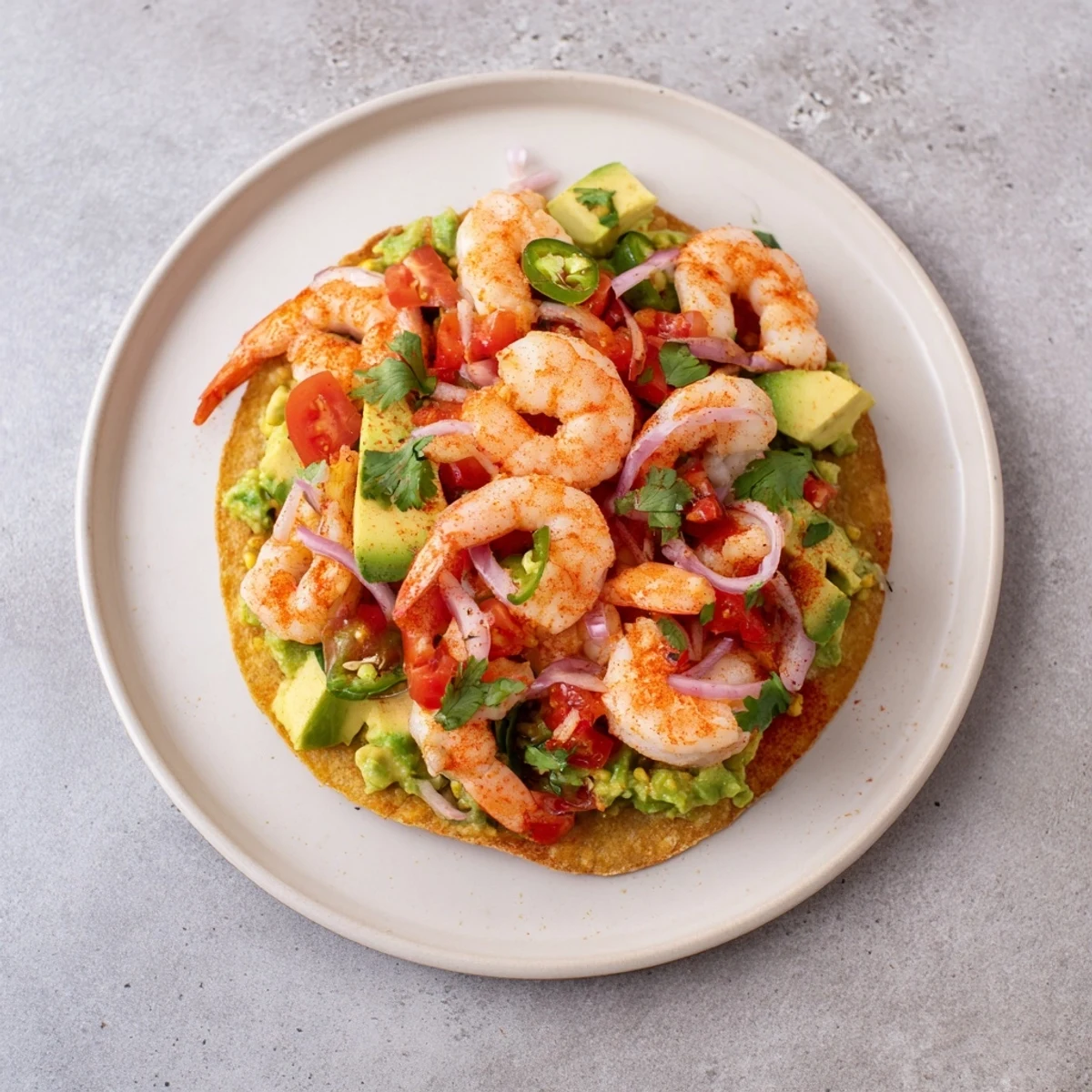 Juicy cooked shrimp atop creamy avocados are the stars of these flavorful Quick Shrimp and Avocado Tostadas.