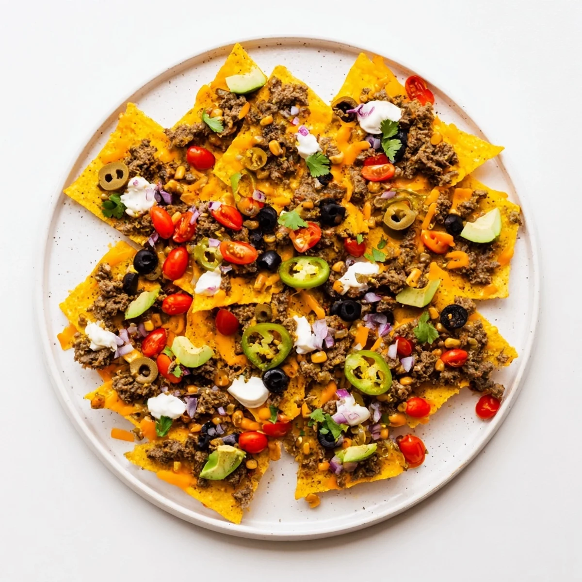 This image shows a tempting, close-up shot of loaded classic sheet pan beef nachos, Tex-Mex ready.