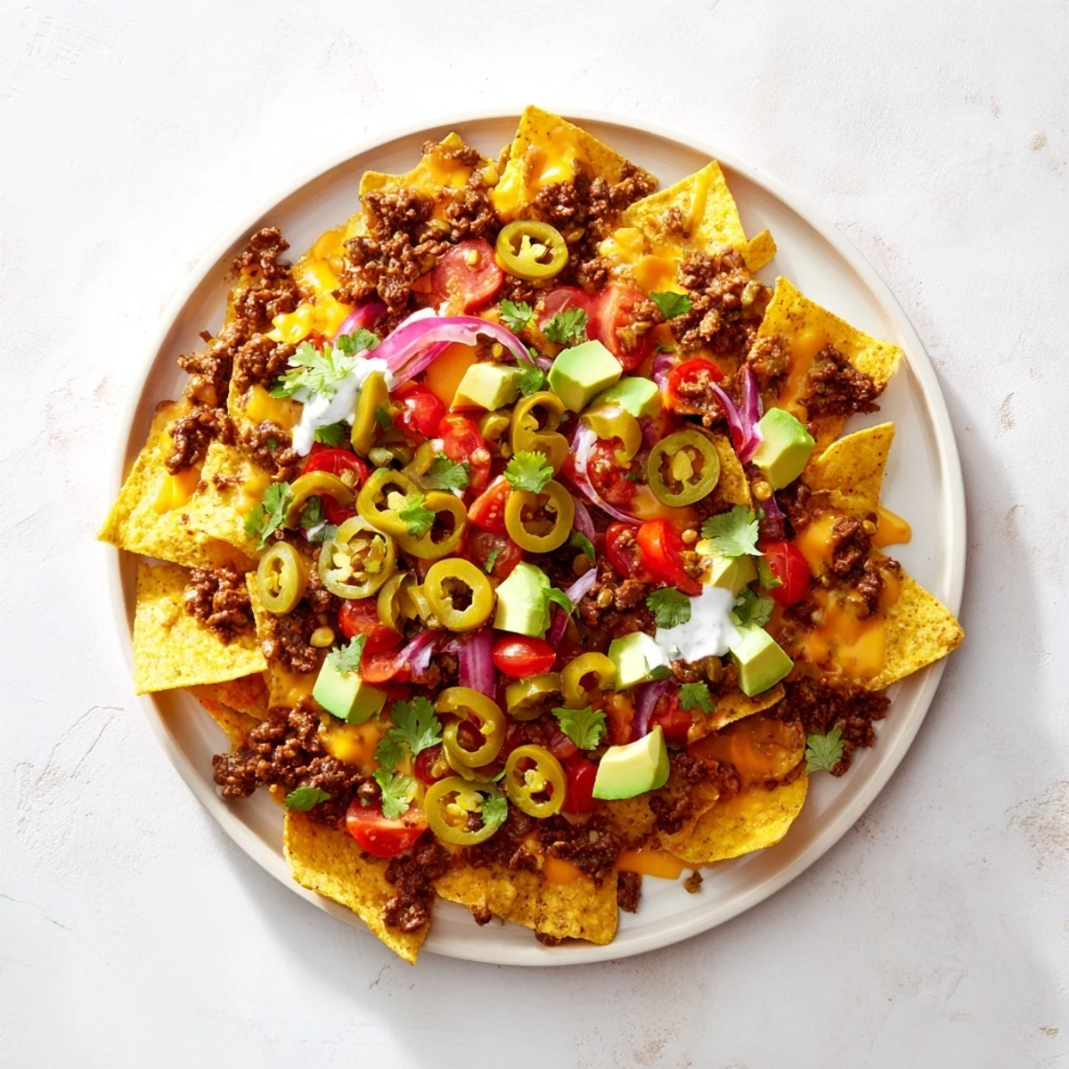 Golden, bubbly cheese covers a sheet pan of classic beef nachos, ready for your toppings.