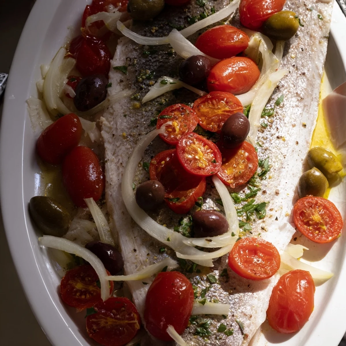 Golden baked One-Tray Cod with cherry tomatoes, olives, and herbs, a Mediterranean feast.