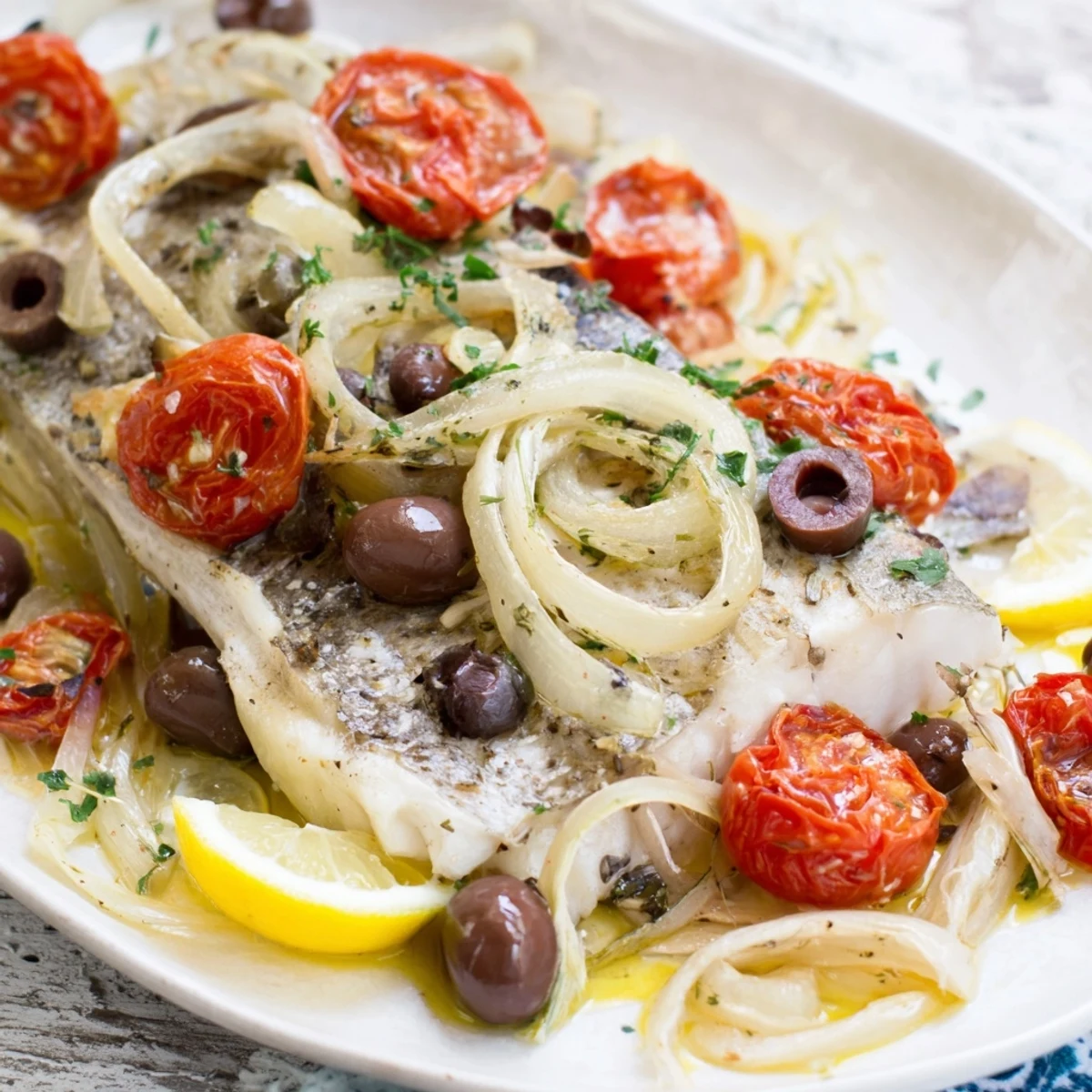 Steam rising from a tray of One-Tray Baked Cod, bursting with juicy tomatoes and olives.