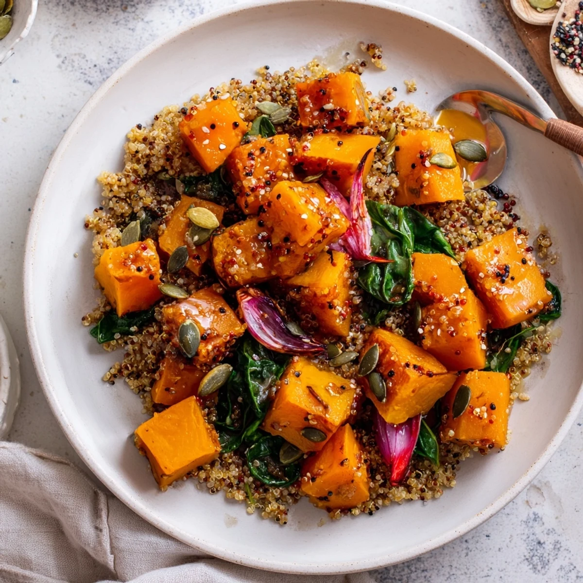 Vibrant image of a Golden Honey-Roasted Butternut Squash Bowl, showcasing roasted squash, quinoa, and vegetables.