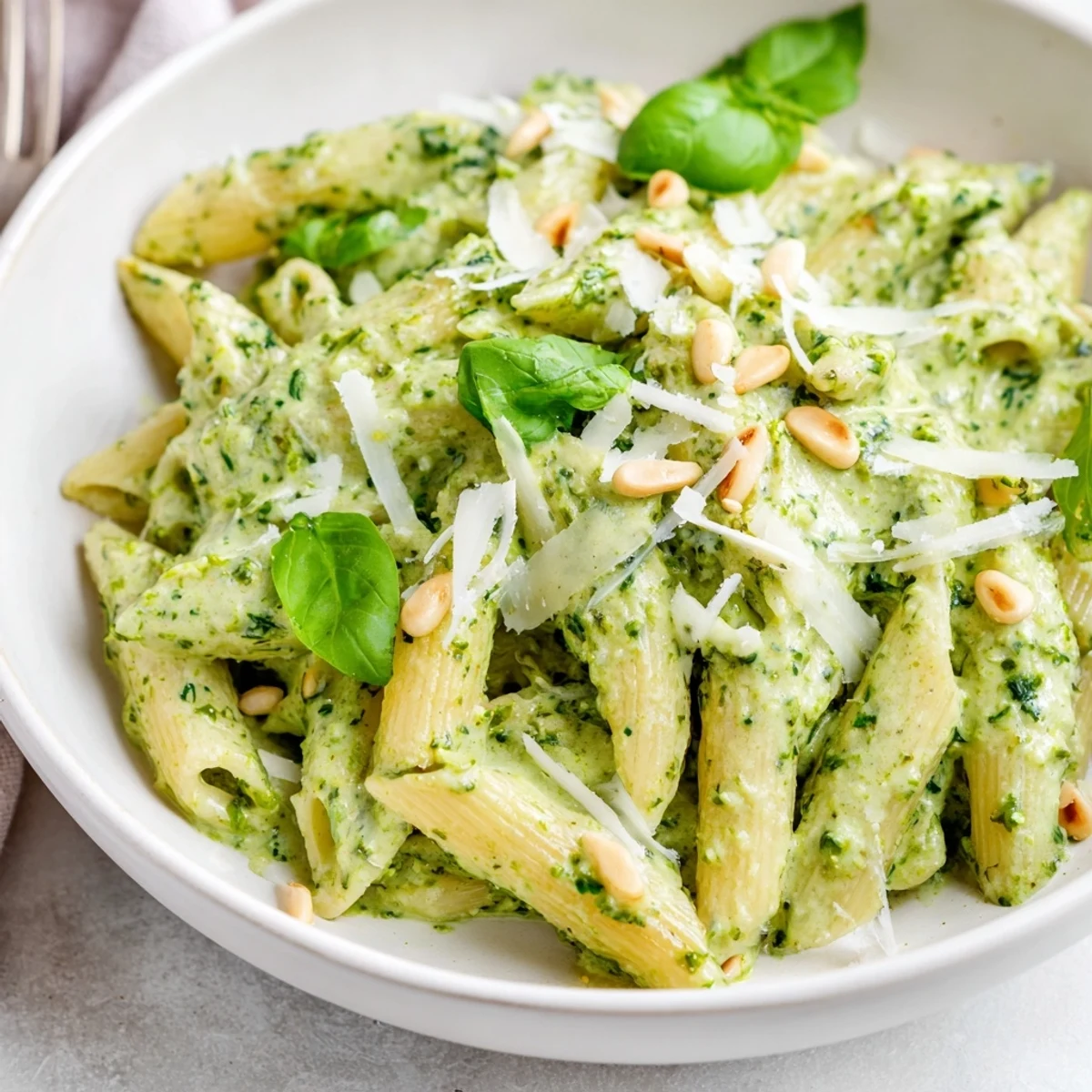 Golden bowls filled with delicious 15-Minute Creamy Pesto Pasta, garnished with fresh basil and pine nuts.
