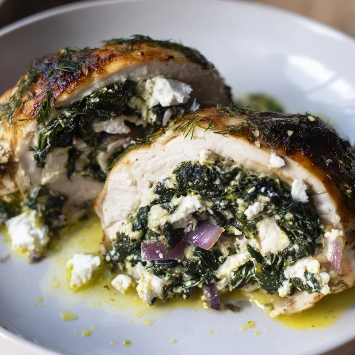 Spinach Feta Stuffed Chicken, golden brown, with a creamy, herby filling and oregano aroma.