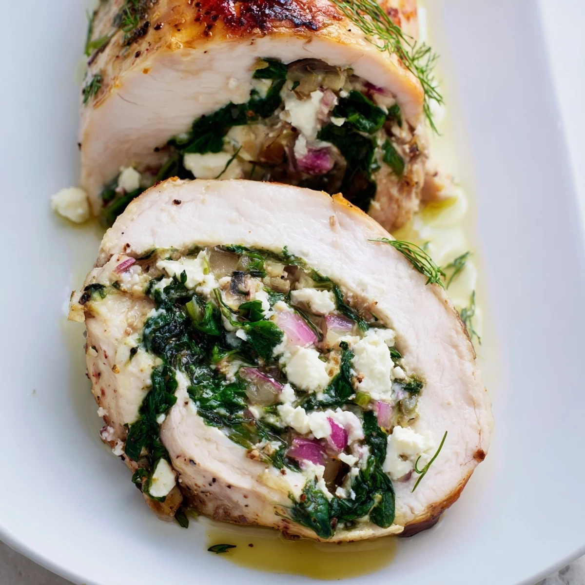 Savory Spinach Feta Stuffed Chicken rolls baked to perfection, ready to be served and enjoyed.