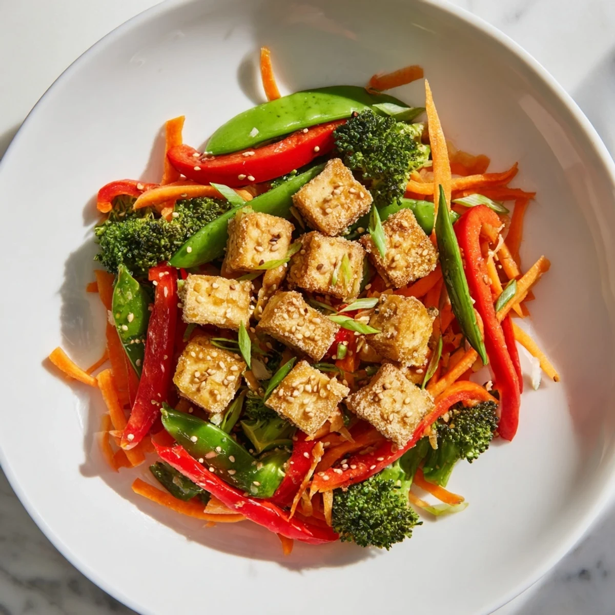 Golden, crispy Sesame Ginger Tofu Stir-Fry with vibrant vegetables, ready for a satisfying vegetarian meal.