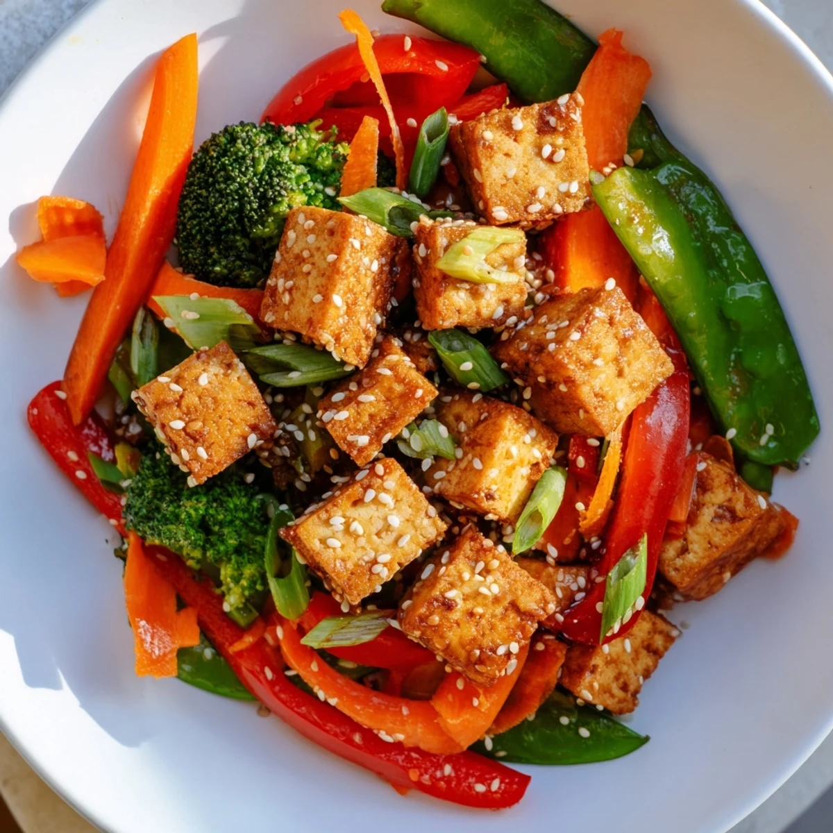 This delicious Sesame Ginger Tofu Stir-Fry features perfectly cooked noodles coated in a flavorful sauce, ideal for dinner.