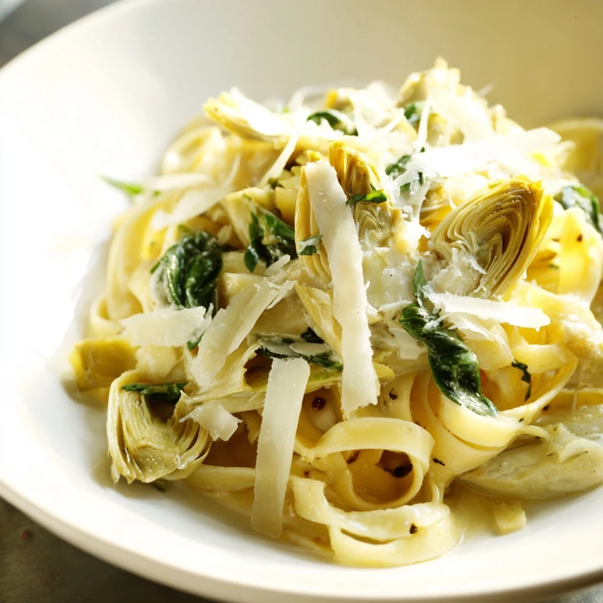A delicious close-up of buttery Creamy Lemon Artichoke Pasta, perfect for a cozy weeknight Italian meal.