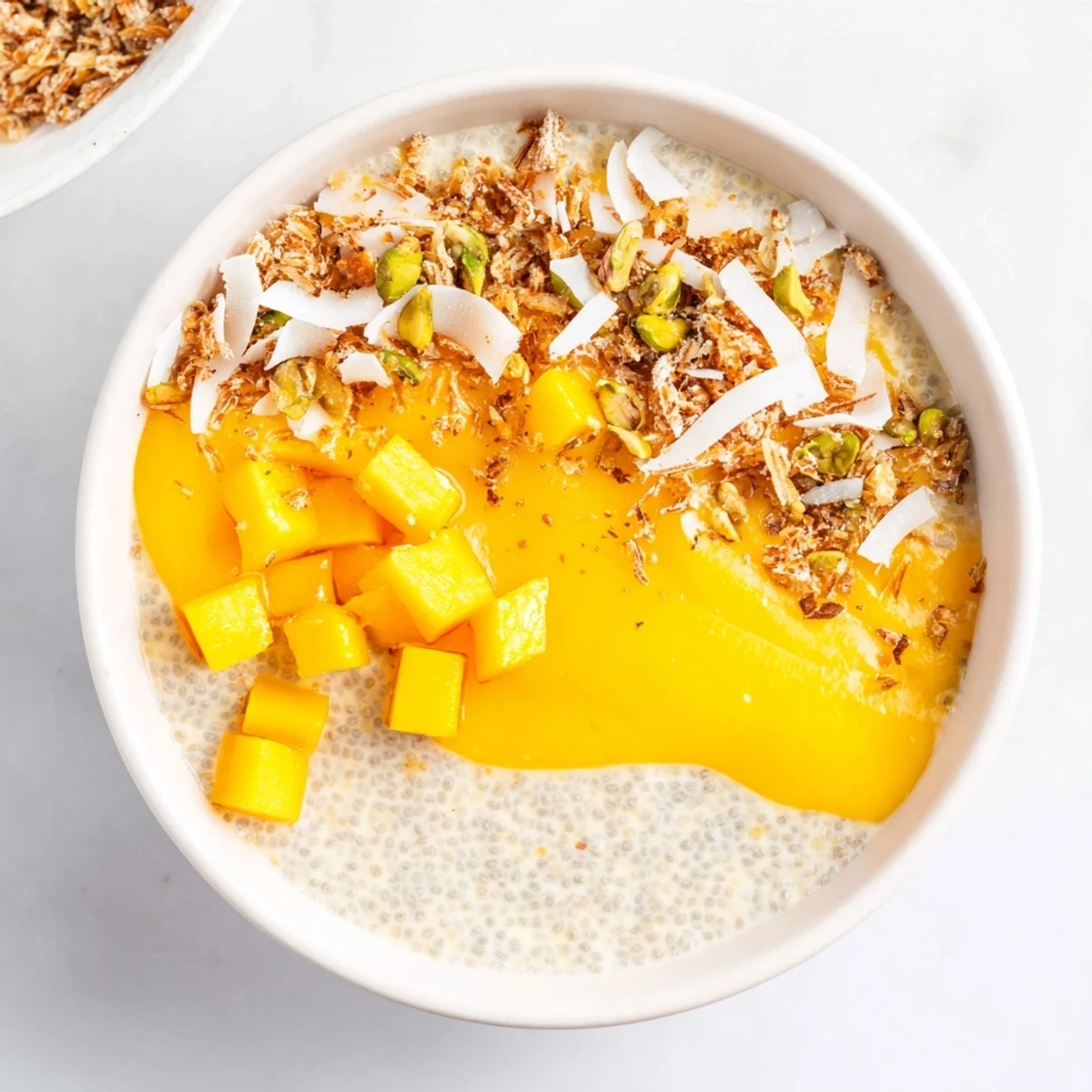 Creamy Mango Coconut Chia Pudding layered with fresh mango, ready to eat with toppings.