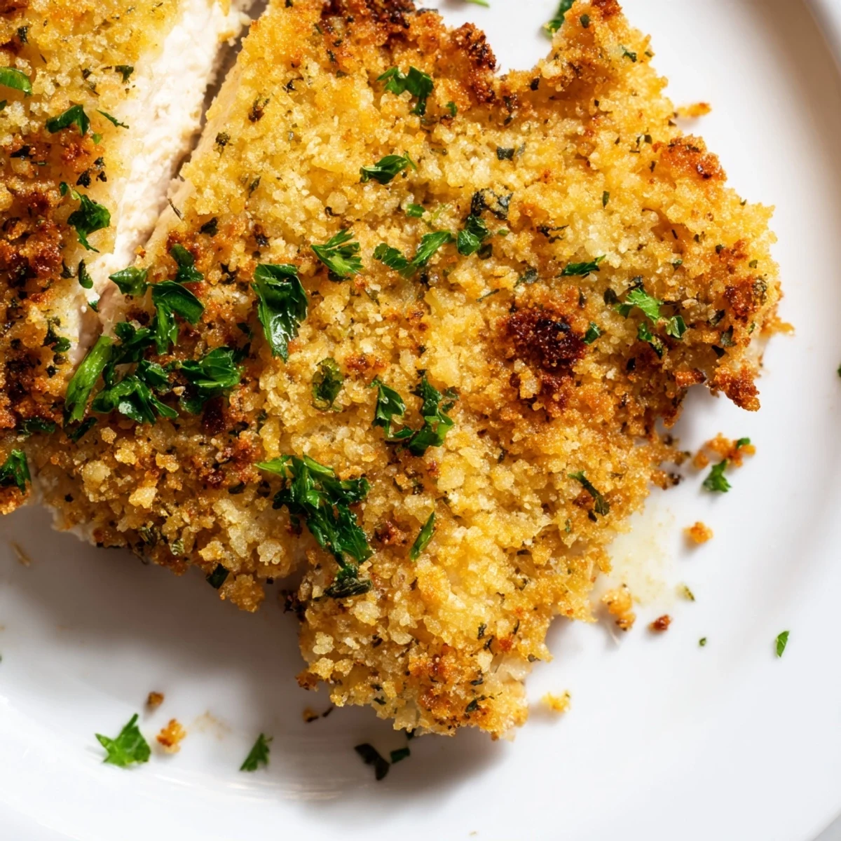 A plate of delicious Italian-American crispy Parmesan chicken cutlets, coated in a flavorful panko crust.