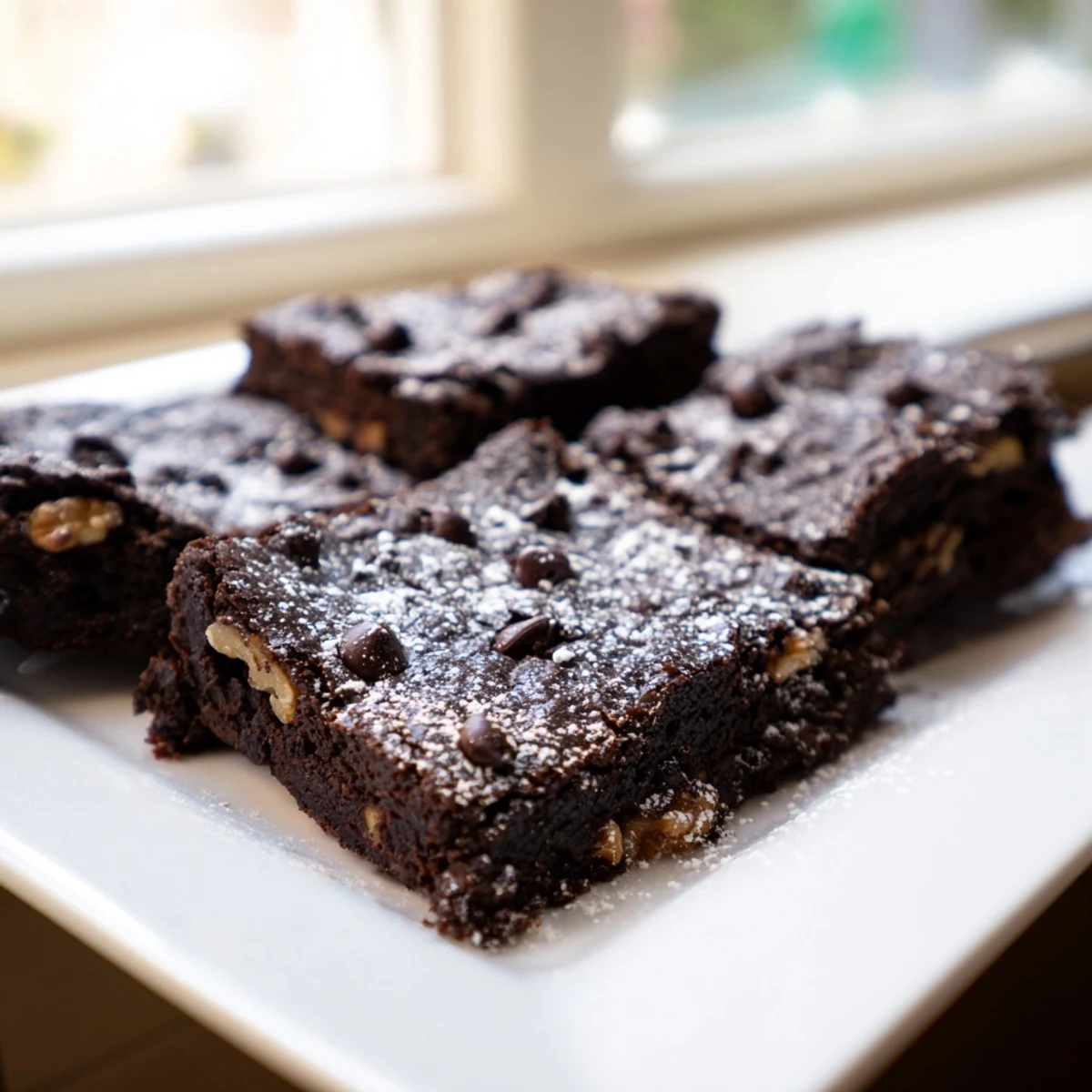 Fudgy black bean brownies, warm from the oven, with a crackly top and melted chocolate chips.