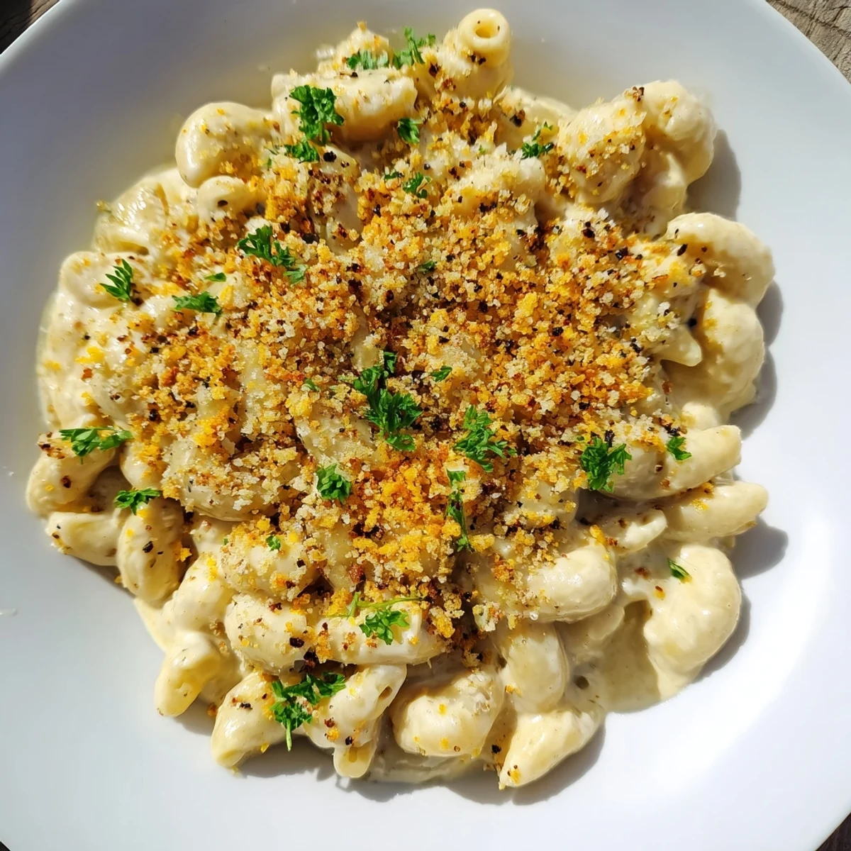 High-Protein Mac & Cheese with a creamy, white sauce, sprinkled with fresh parsley and breadcrumbs.