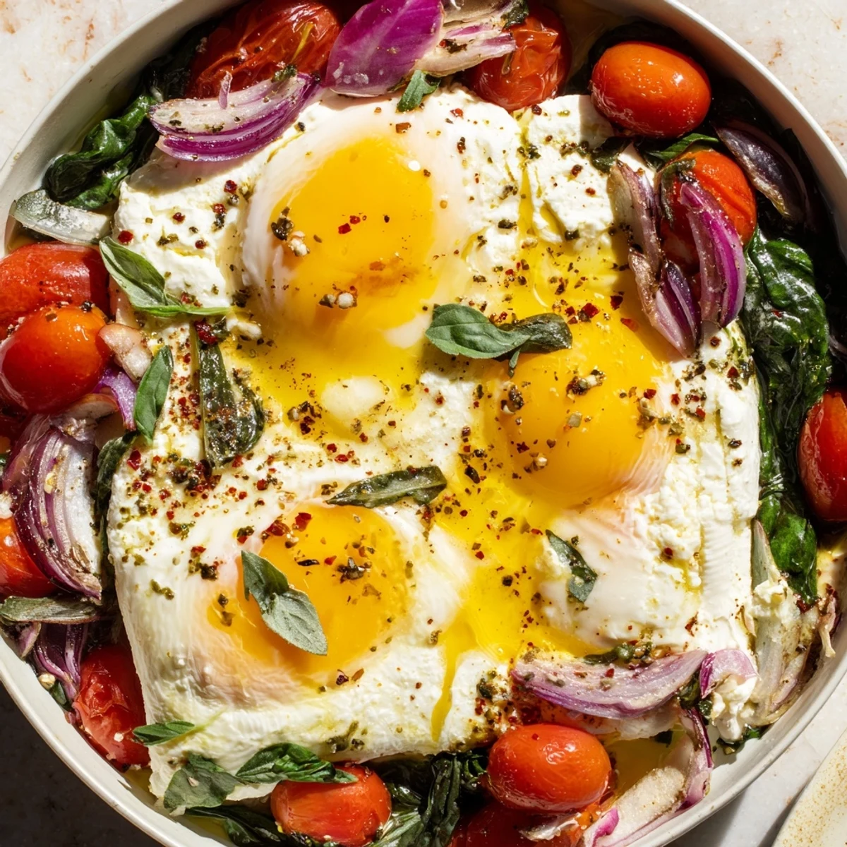 Savory baked feta eggs, with fresh herbs and crusty bread, a delicious vegetarian meal to enjoy.