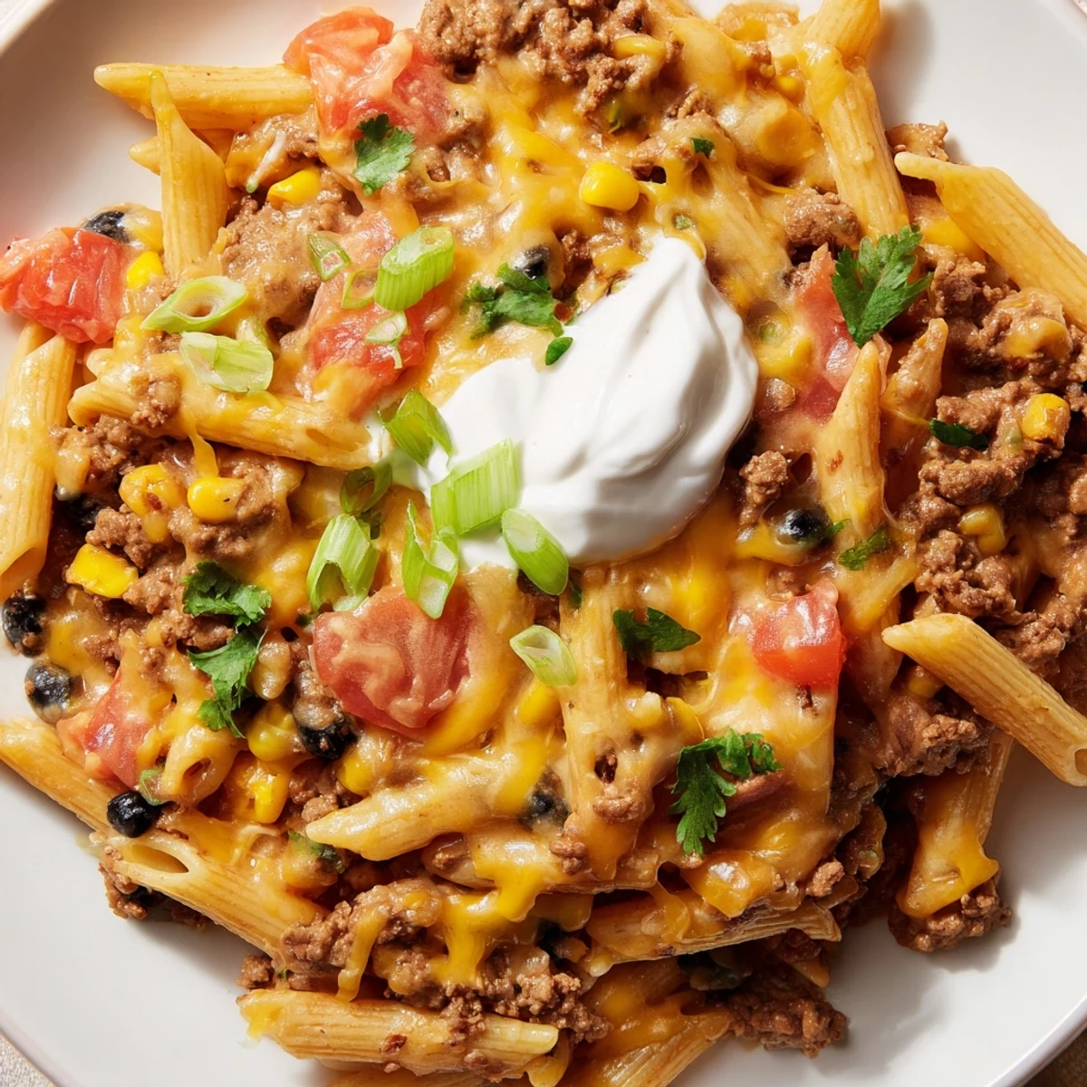 Steaming Cheesy Taco Pasta with melted cheese and fresh cilantro, a comforting family favorite.