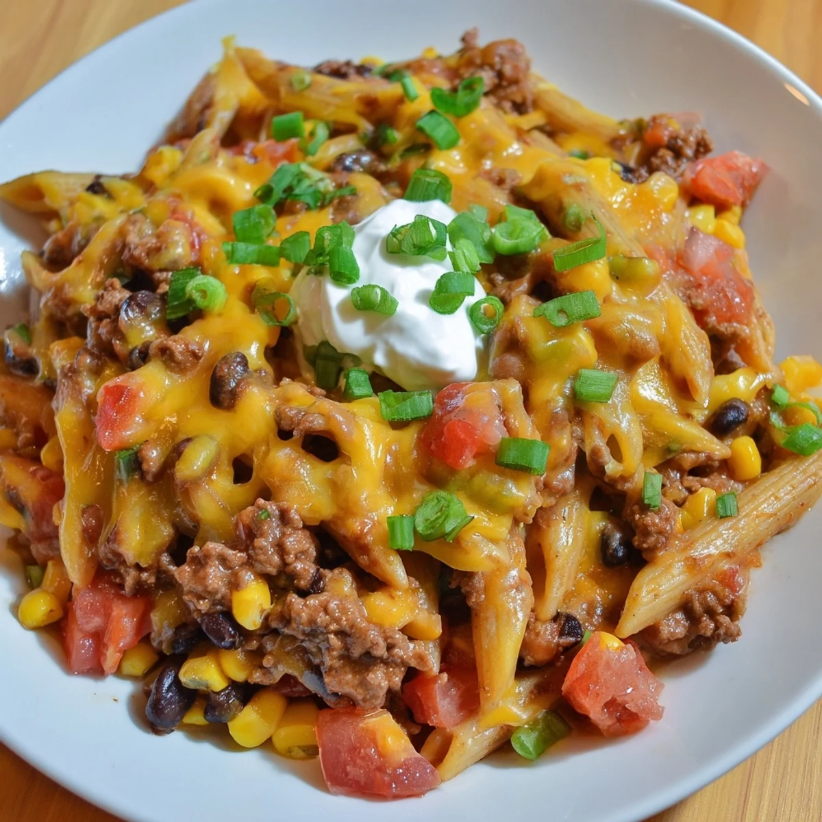 A close-up shot of a bubbling skillet filled with savory Cheesy Taco Pasta, ready to serve.
