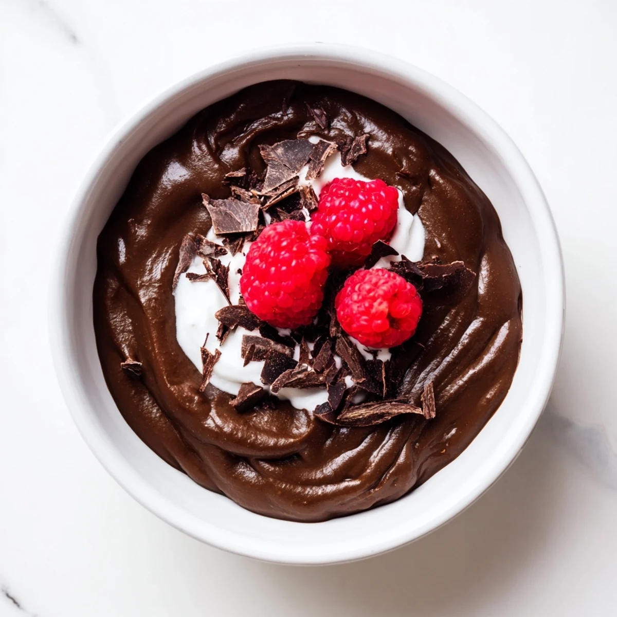 A close-up of Avocado Chocolate Pudding, showcasing its rich, chocolatey, and smooth texture for serving.