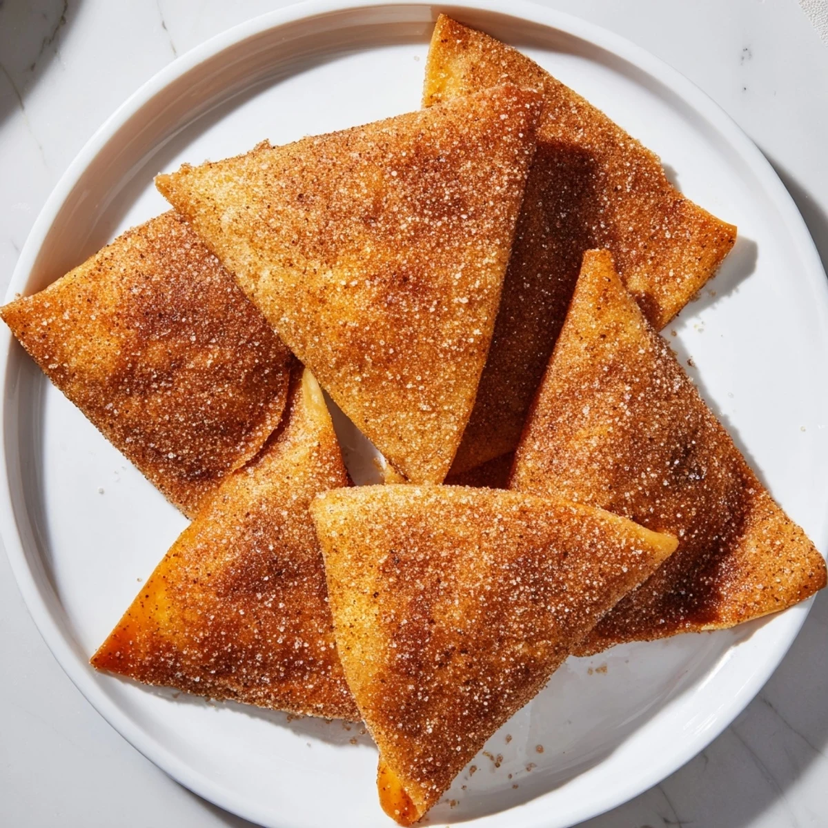 Warm and crispy cinnamon sugar tortilla chips, a sweet and simple dessert snack.