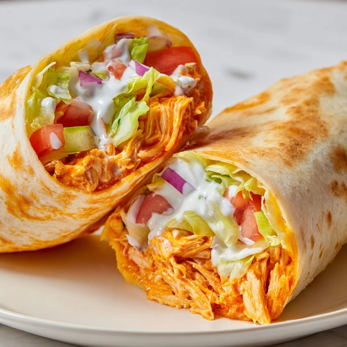 Golden-brown Buffalo Chicken Wrap, layered with veggies and cheese, ready to enjoy at lunchtime.
