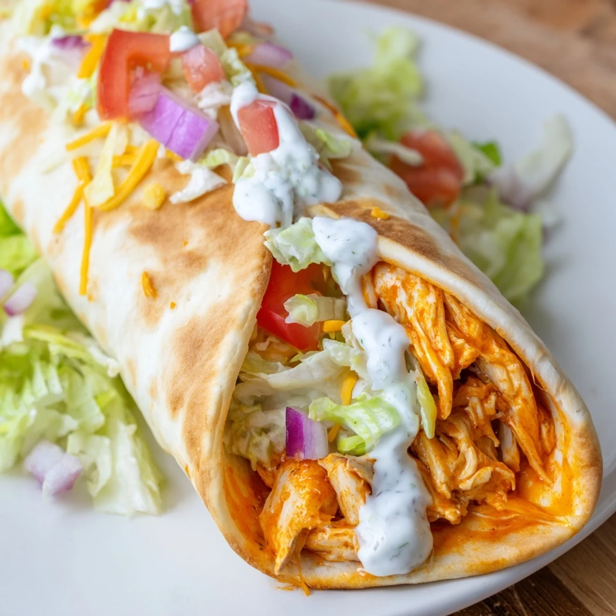 Folded and toasted, the Buffalo Chicken Wrap promises a satisfying crunch with a spicy, creamy filling.