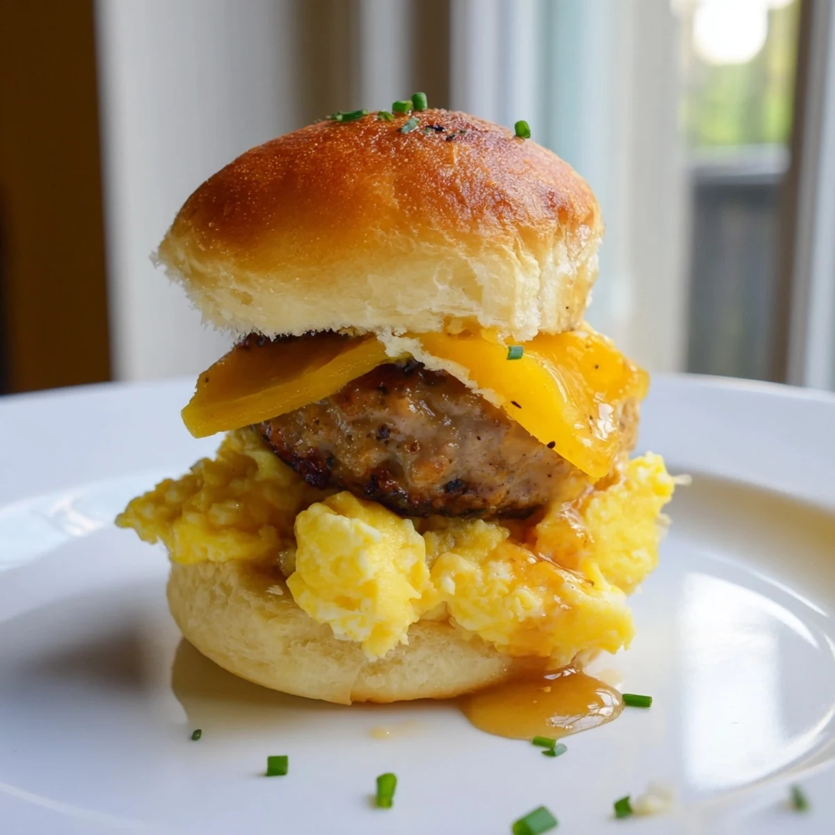 Golden Mini Breakfast Sliders, filled with fluffy eggs, savory sausage, and melted cheddar cheese, ready to eat.
