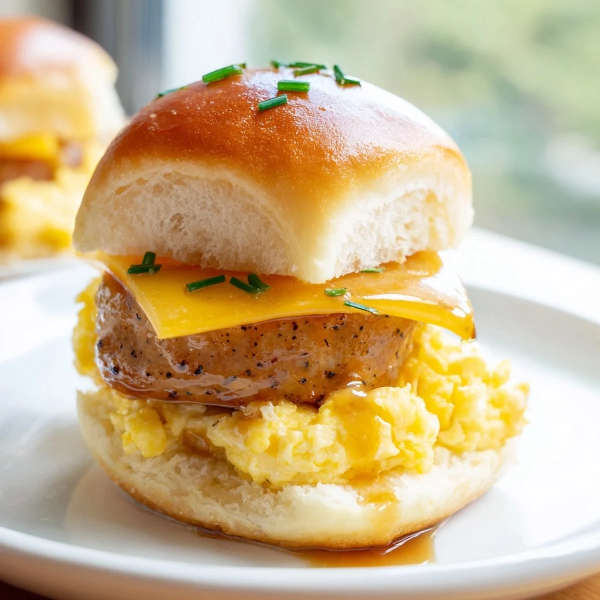 Warm, melty Mini Breakfast Sliders with soft buns and a sweet maple syrup drizzle make brunch inviting.
