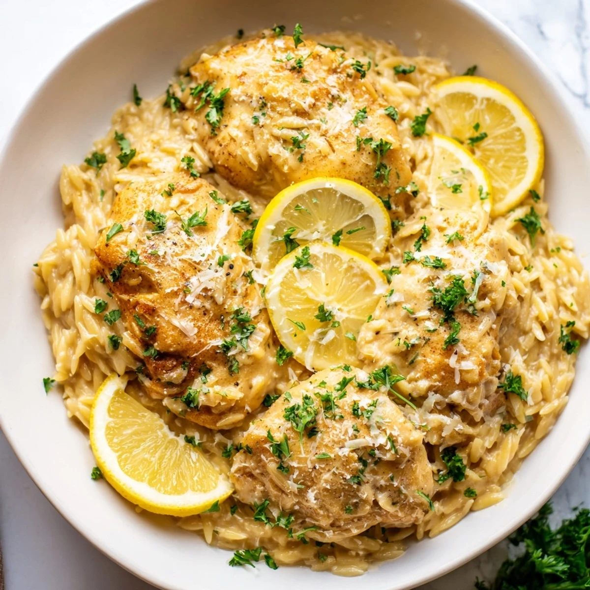 Golden, cooked creamed lemon chicken orzo, garnished with fresh parsley and lemon slices.