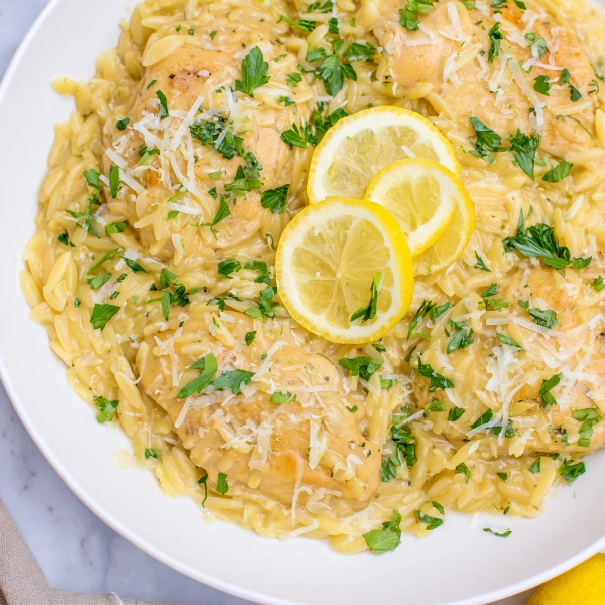 Creamy lemon chicken orzo, a Mediterranean-inspired recipe with tender chicken and bright lemon flavor.