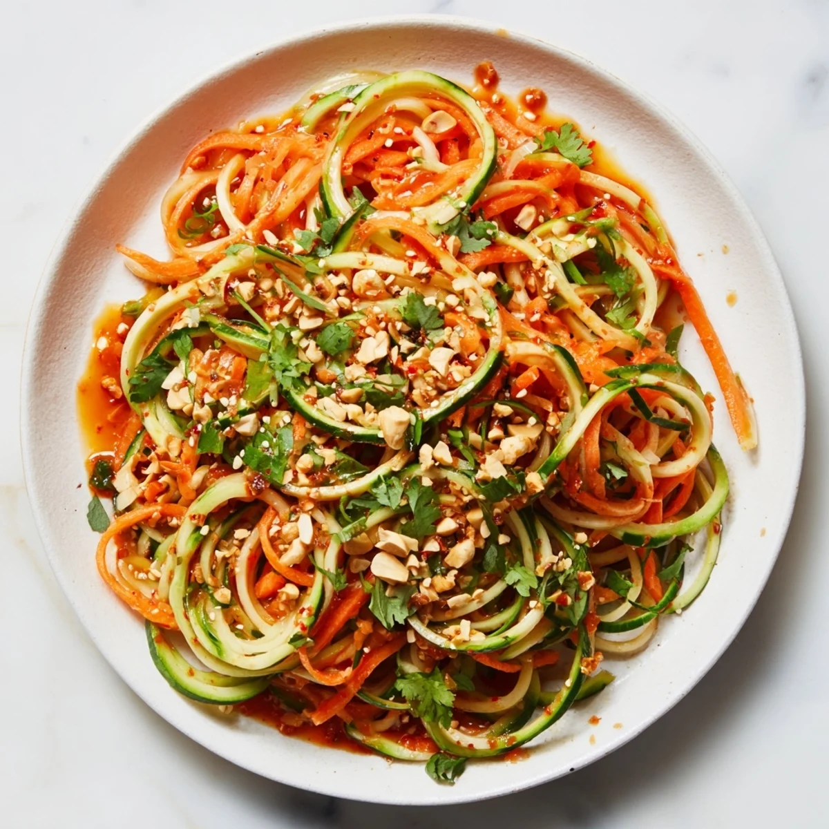Close-up of a refreshing Spicy Cucumber Noodle Bowl, garnished with cilantro, sesame seeds, and peanuts.