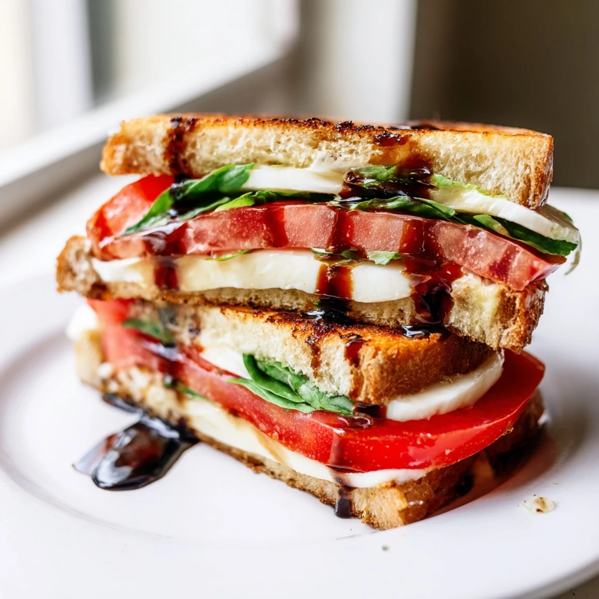 Golden-brown Caprese Salad Grilled Cheese oozes melted mozzarella, showcasing fresh tomato and basil.