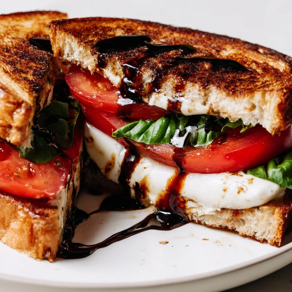 A close-up of a perfectly grilled Caprese Salad Grilled Cheese with balsamic glaze drizzled on top, ready to serve.
