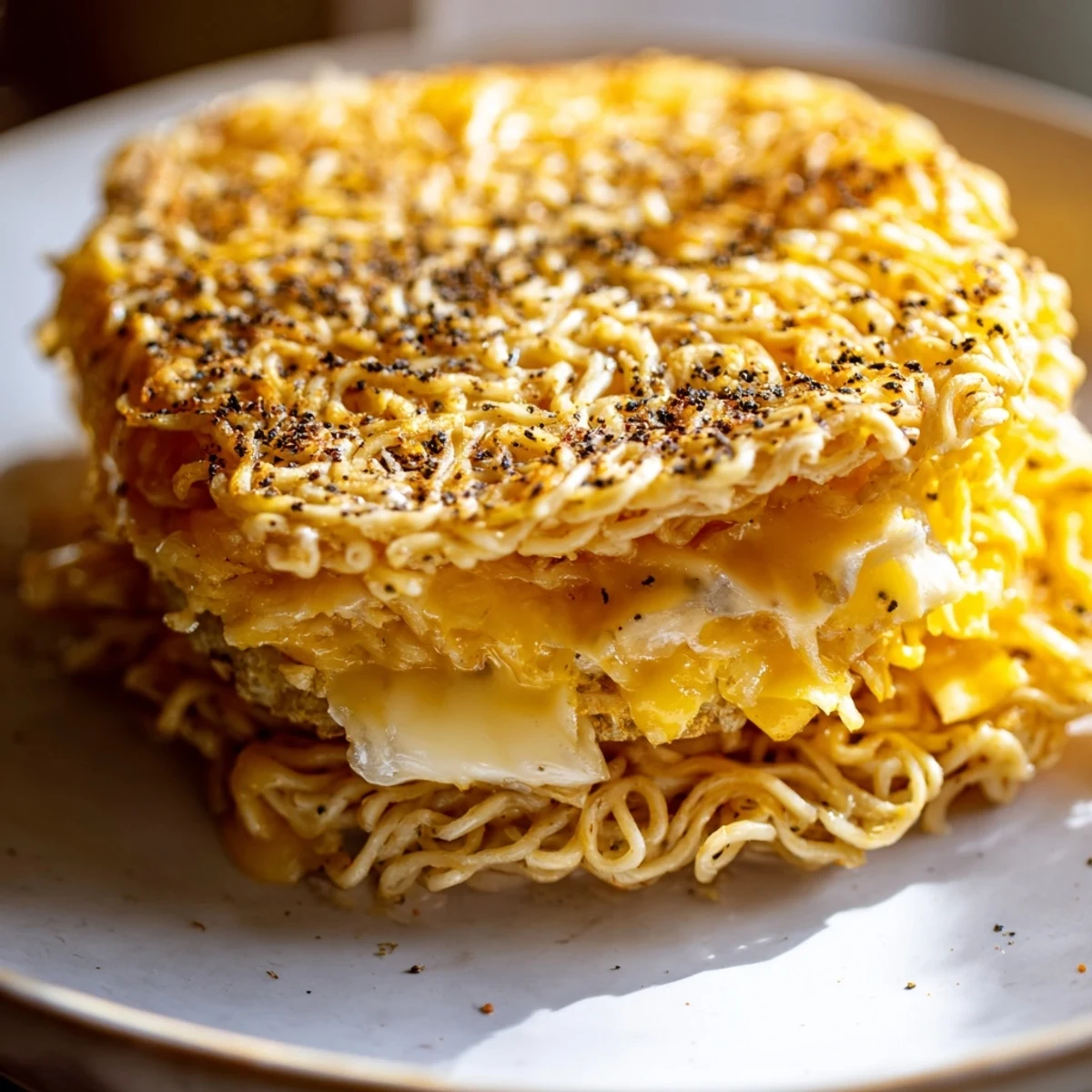 Crispy golden Ramen Grilled Cheese with oozing melted cheese ready to be sliced and enjoyed.