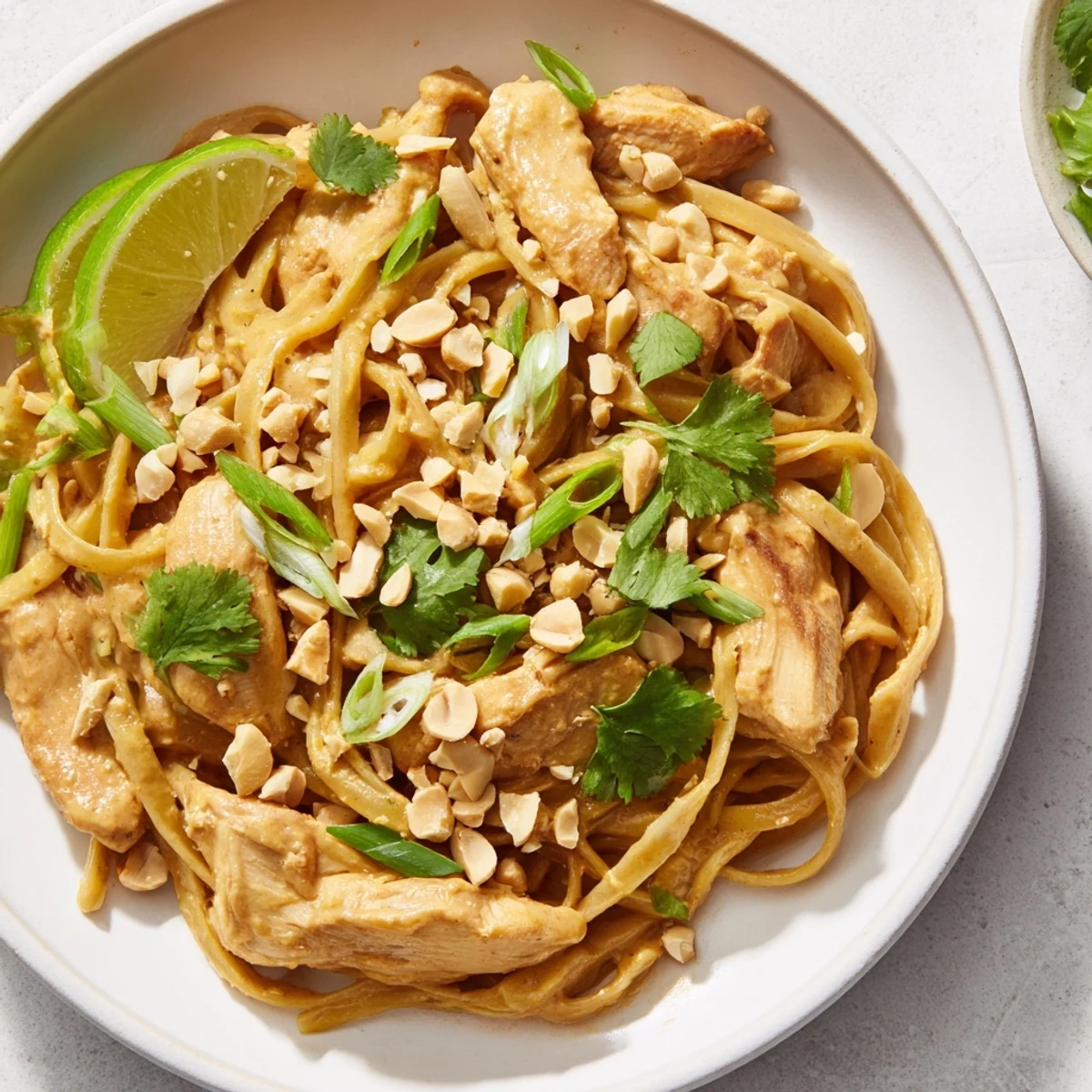 A delicious close-up showcases the creamy peanut sauce coating the vibrant Thai Peanut Chicken Pasta.