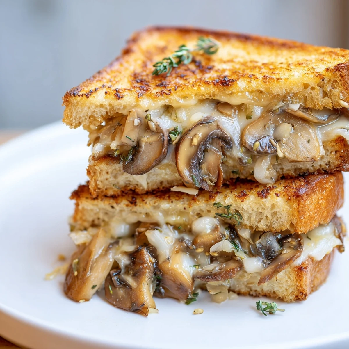 Golden, bubbling Creamy Mushroom Grilled Cheese, with toasted bread and a river of cheese.