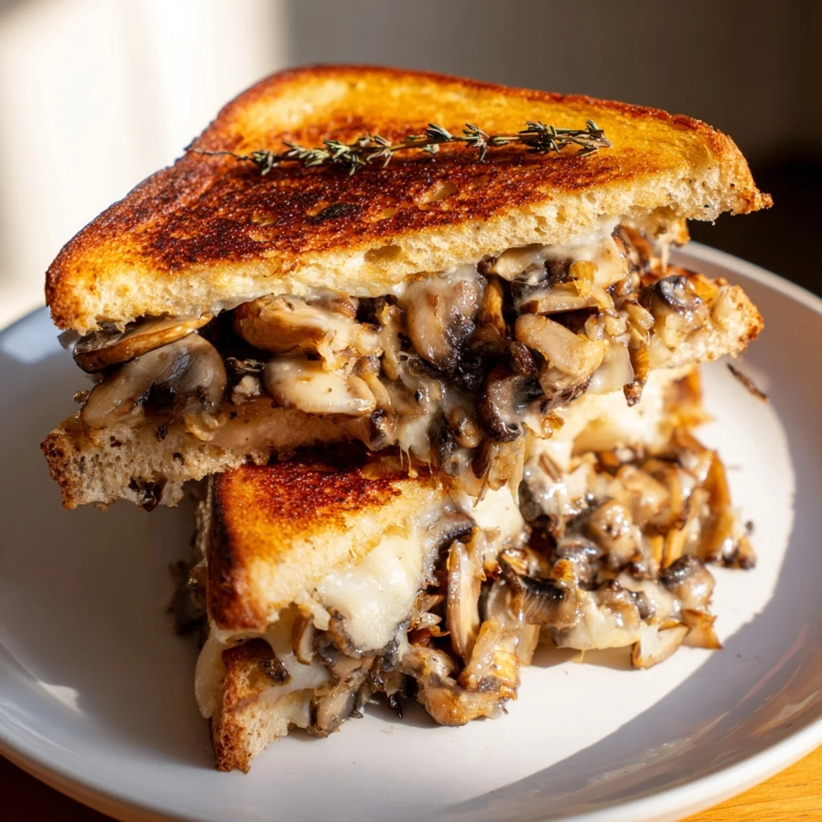 Close-up of a perfectly grilled Creamy Mushroom Grilled Cheese, showing the rich, savory filling within.