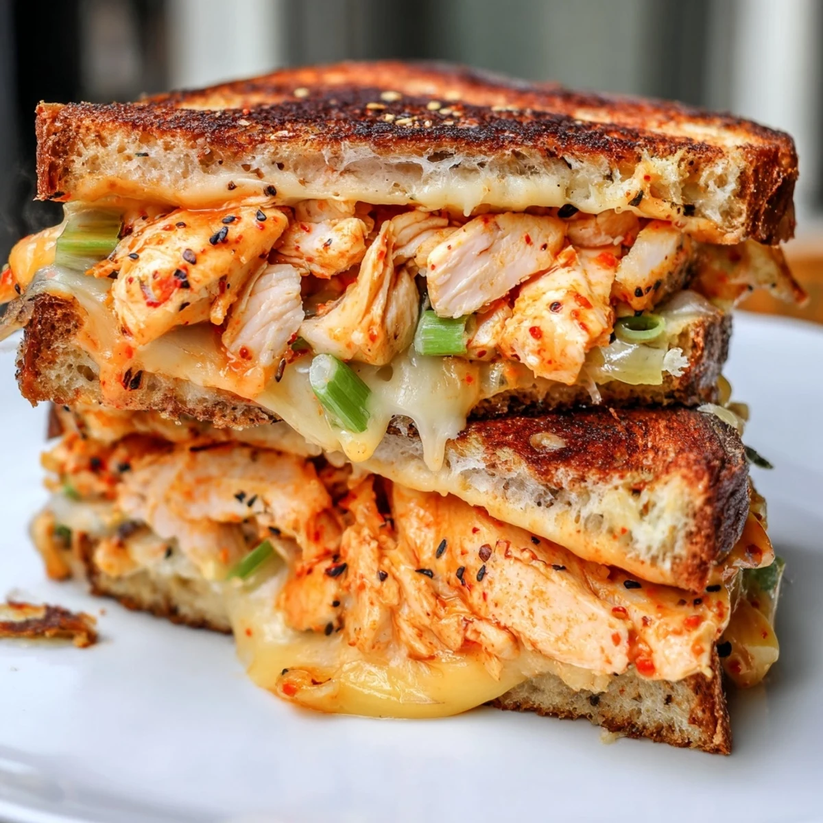 Golden-brown Gochujang Mayo Chicken Sandwich grilled cheese oozing with melted cheese, ready to eat.