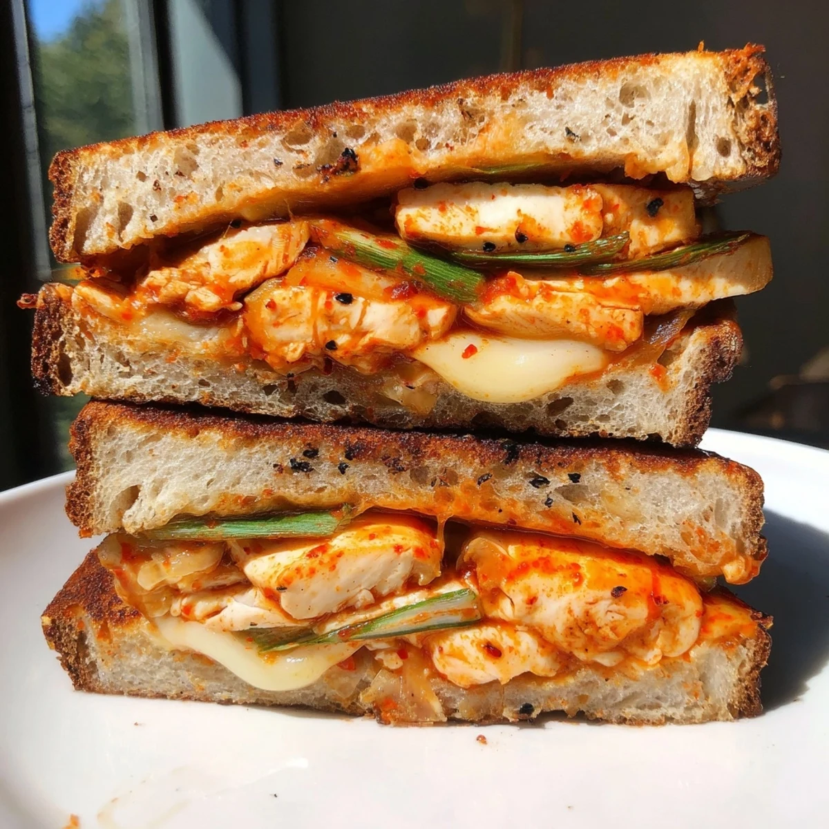 A steaming-hot close-up showcasing the delicious, cheesy, and spicy Gochujang Mayo Chicken Sandwich grilled cheese.
