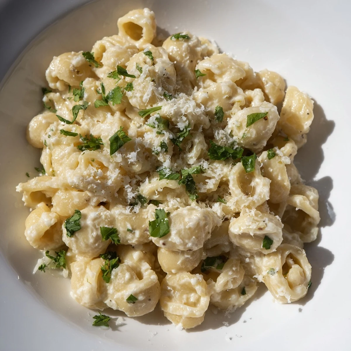 A hot bowl of creamy ditalini pasta, garnished with fresh parsley and Parmesan.