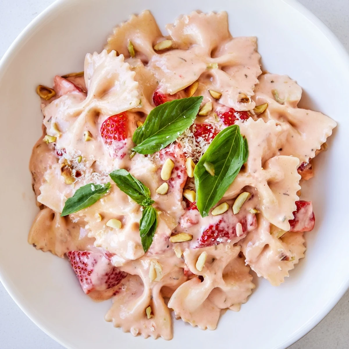 Strawberry Sour Cream Pasta, a vibrant dish with pink sauce and fresh basil garnish.