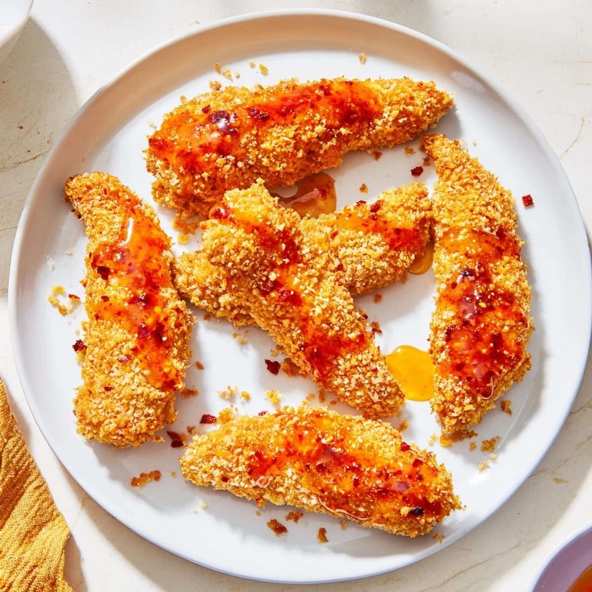 Golden-brown crispy panko chicken tenders, served with a glistening drizzle of spicy hot honey.